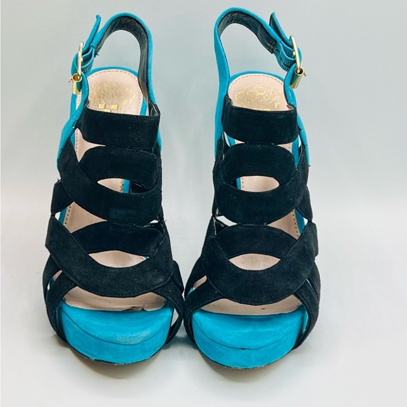 VINCE CAMUTO Blk&Turquoise XCross Strappy Suede 4” Platform Heels US 7.5 EU 37.5 - Picture 3 of 7